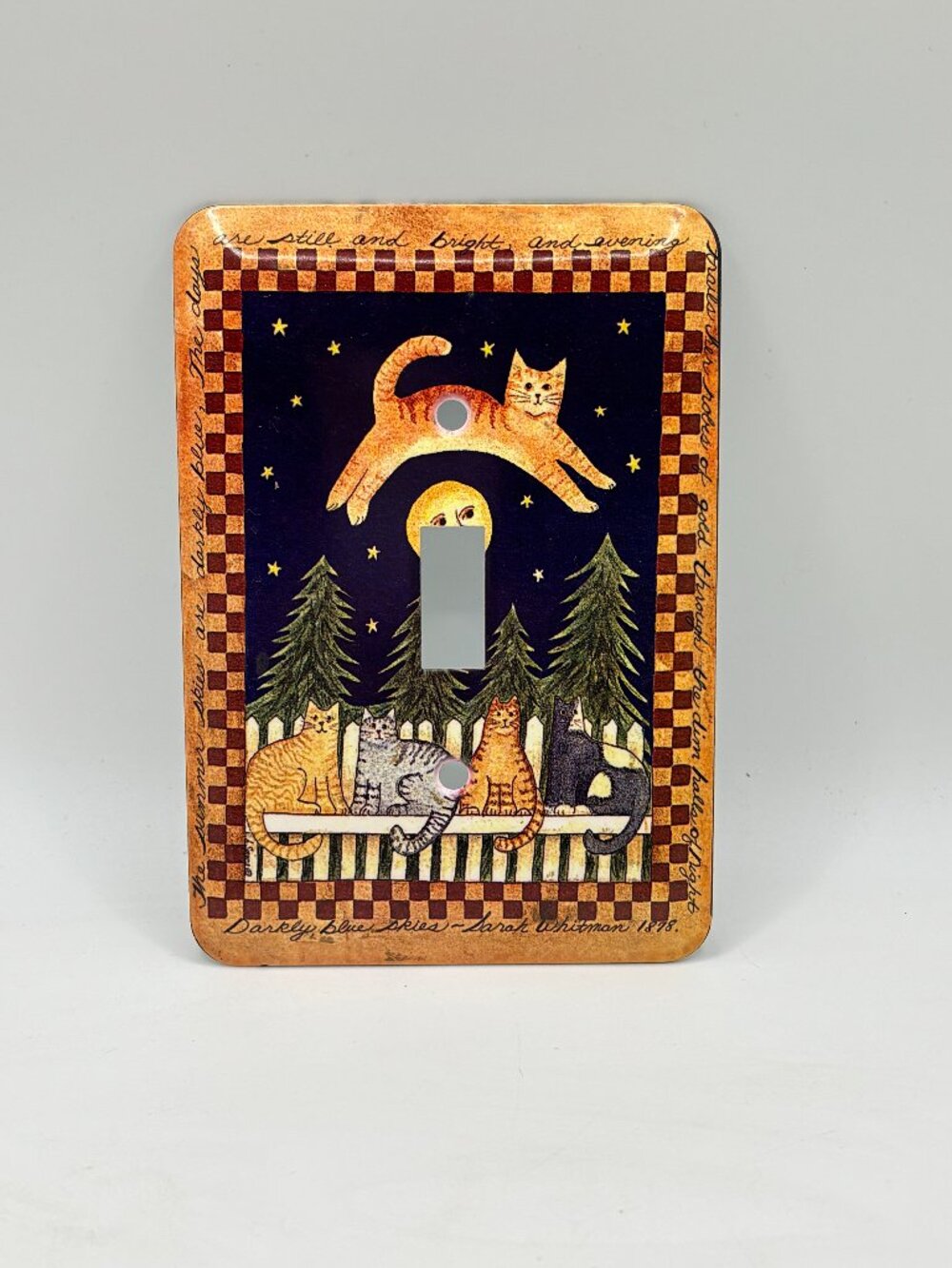 VTG Orange Cat Themed Single Switch Light Plate Cover Checkered Darkly Blue Sky